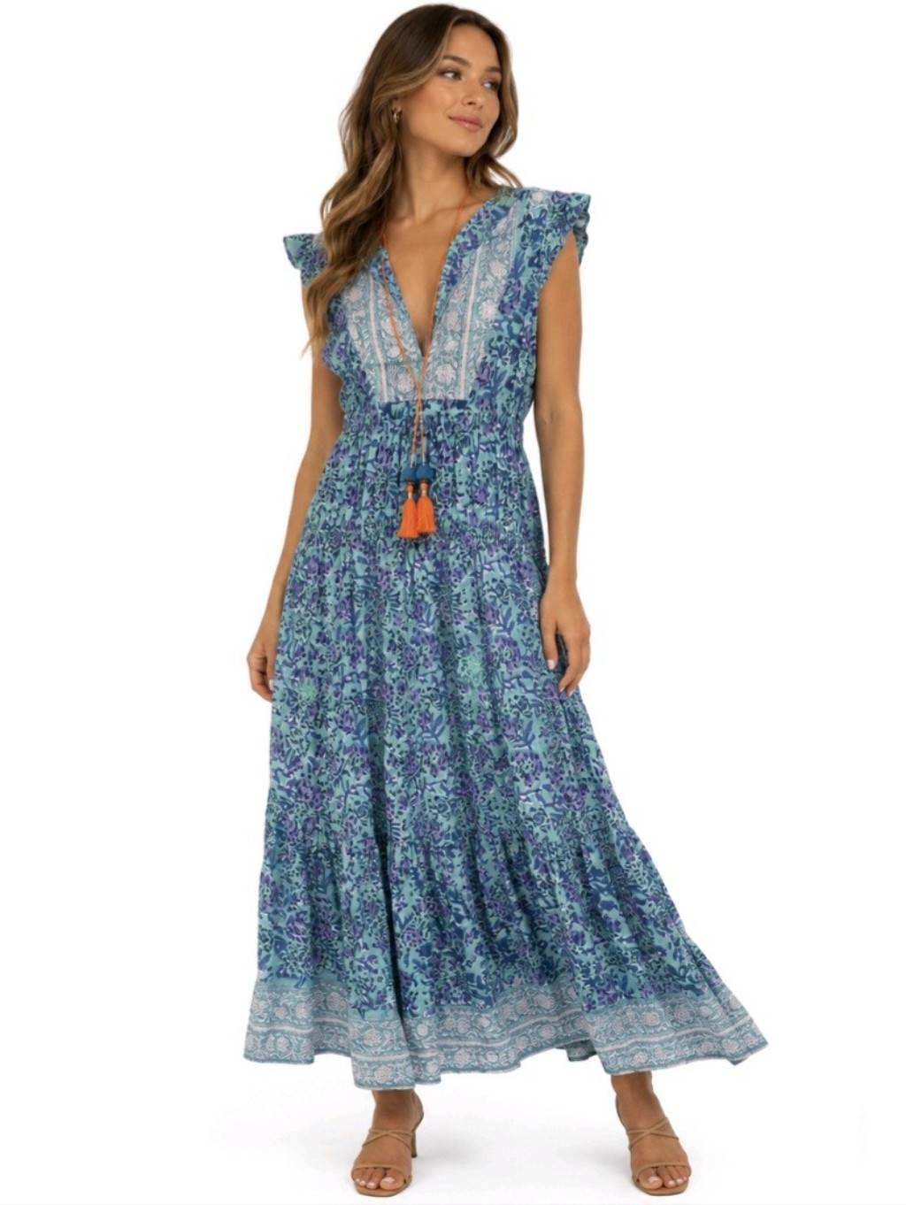 Bell By Alicia Bell Viv Dress Blue Green Silk Blend Maxi Size L
